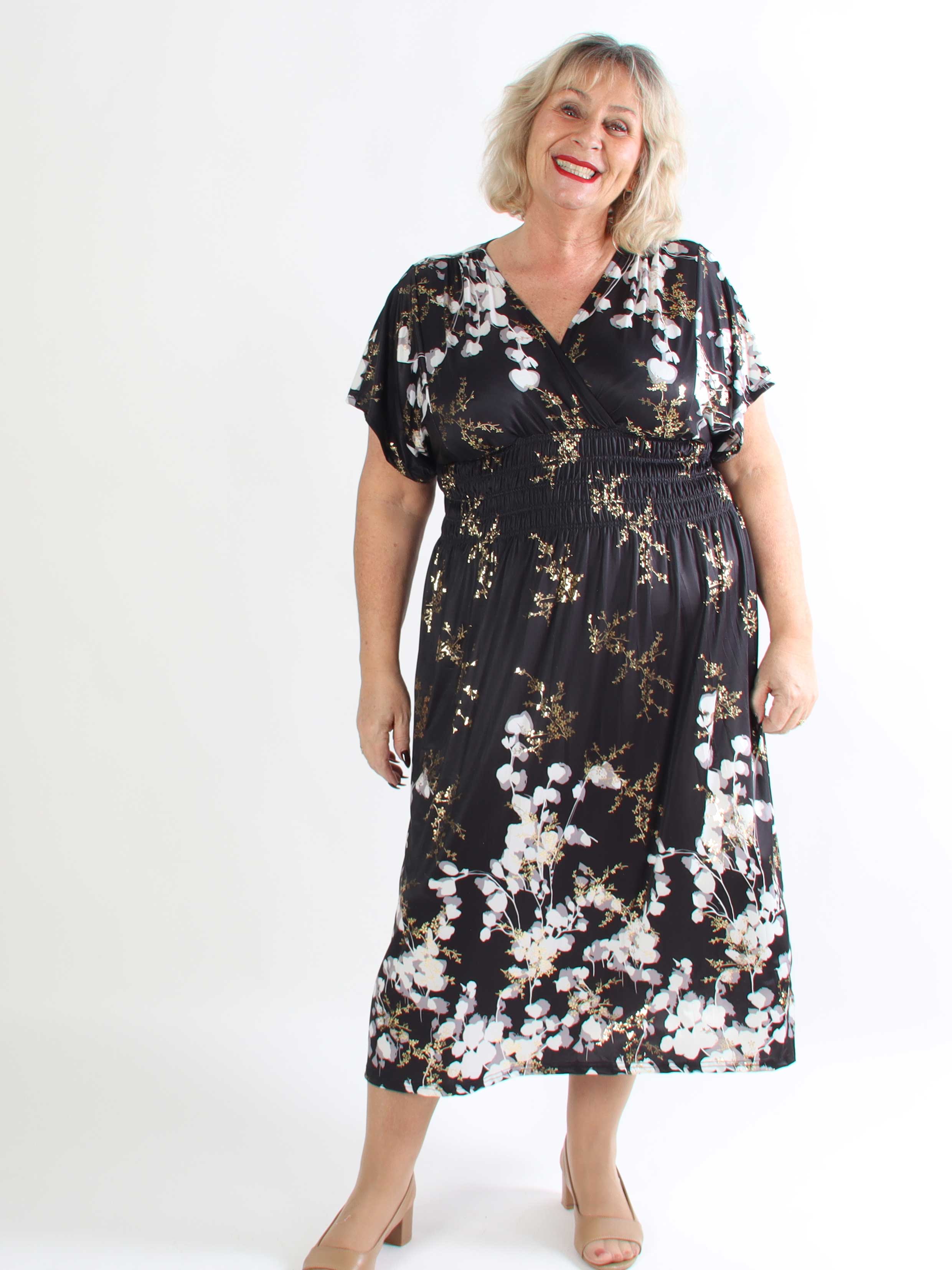 Pams Gilded Midi - Plus size kjole med blomsterprint og guld blade